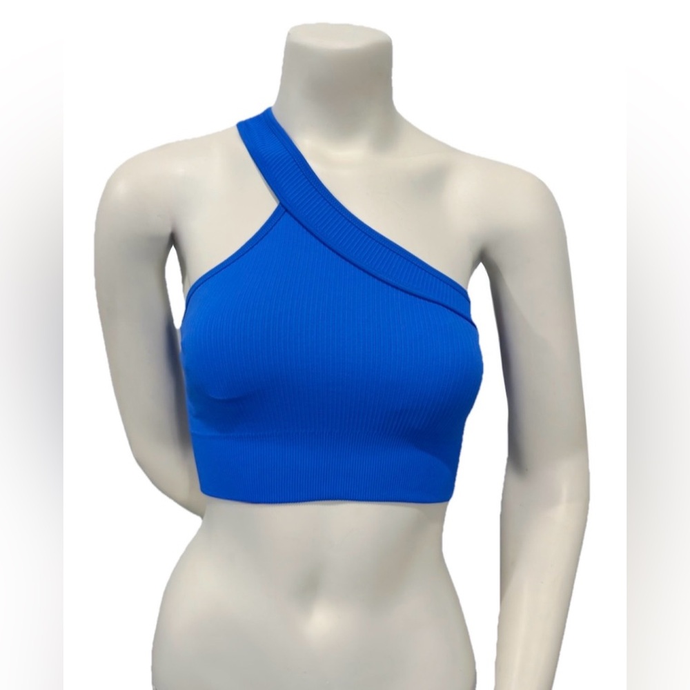 OQQ Blue One-Shoulder Ribbed Seamless Sports Bra Crop Top Size Small
